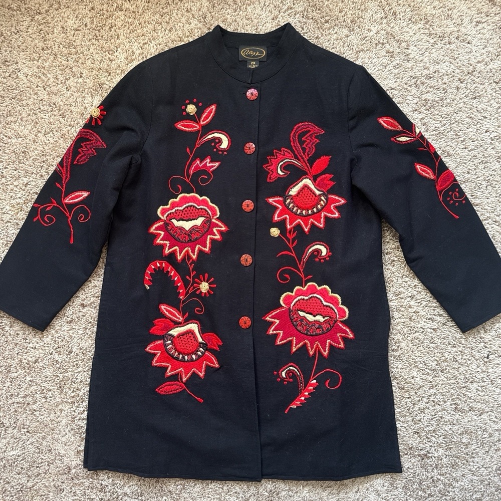 Vintage Alex Kim 2X Embroidered Floral Long Jacket Black Red Boho Wearable Art
